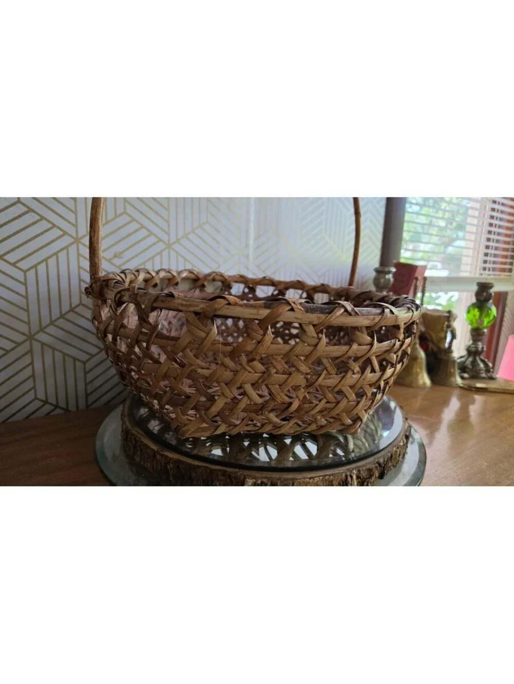 Vintage Woven Bamboo Splint and Wicker Gathering Basket Lg Arched Handle 15